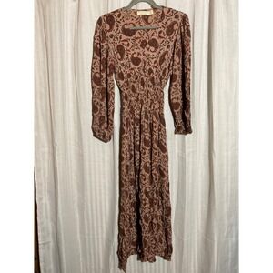 Beachgold Bali Paisley Smocked Waist Maxi Dress Brown Red V-Neck Long Sleeve S